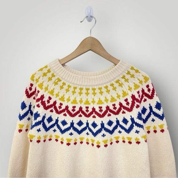 J. Crew Wool Blend Fair Isle Ski Sweater L Ivory/Blue/Red/Green Off White - Picture 3 of 8